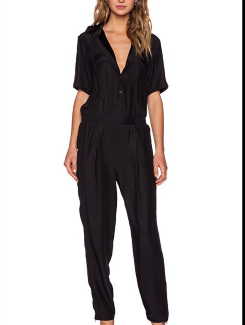 ATM Silk Button Down Jumpsuit Short Sleeve